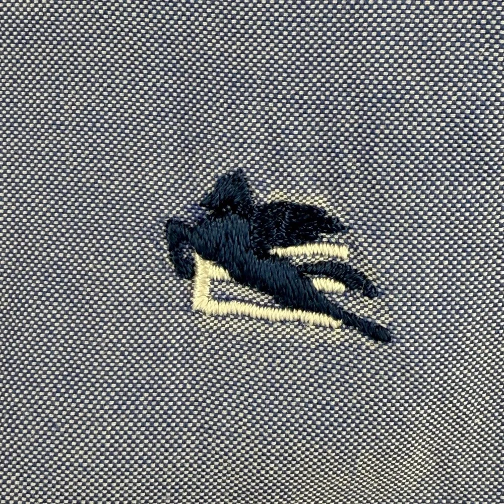 ETRO Chest Logo Mandarin Blade Collar Dress Shirt 41 Blue Contrast Cuffs Italy